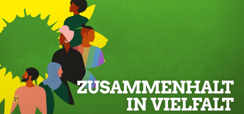 Das grüne Sonnenblumen-Logo auf grünem Hintergrund; vielfältige Menschen auf der Sonnenblume; Schriftzug: "Zusammenhalt in Vielfalt"
